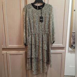 NWT DKNY M Tonal Leopard Tiered Midi Long Sleeve Dress